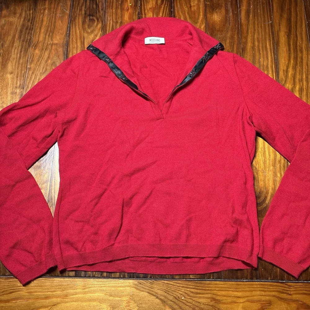 Moschino Chic & Cheap Red Collared Butterfly Beaded Virgin Wool Sweater 10 A866